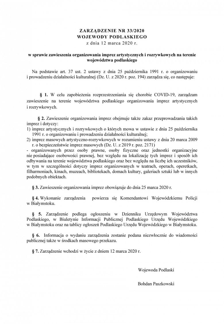 Zarządzenie Wojewody Podlaskiego w sprawie zawieszenia organizowania imprez