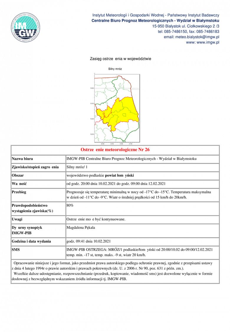 Ostrzeżenie przed silnym mrozem w dniu 10 lutego