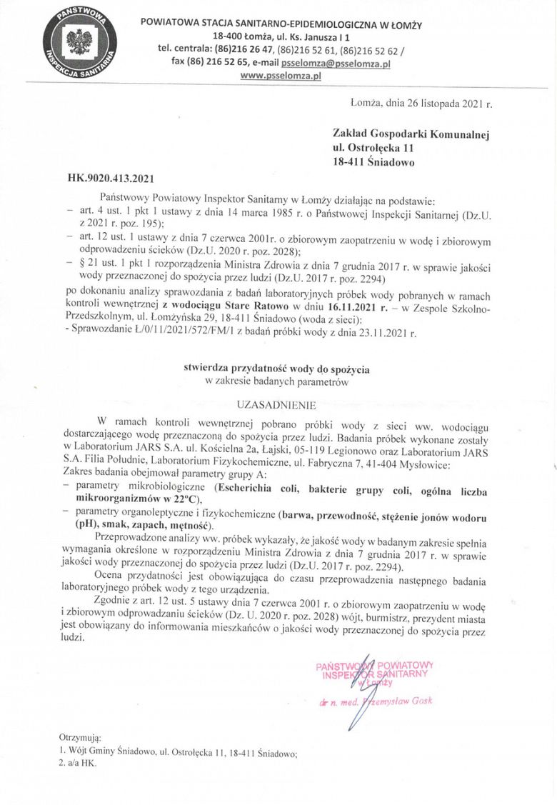 Komunikat w sprawie stwierdzenia przydatności wody do spożycia z ujęcia Stare Ratowo 26.11.2021 r.