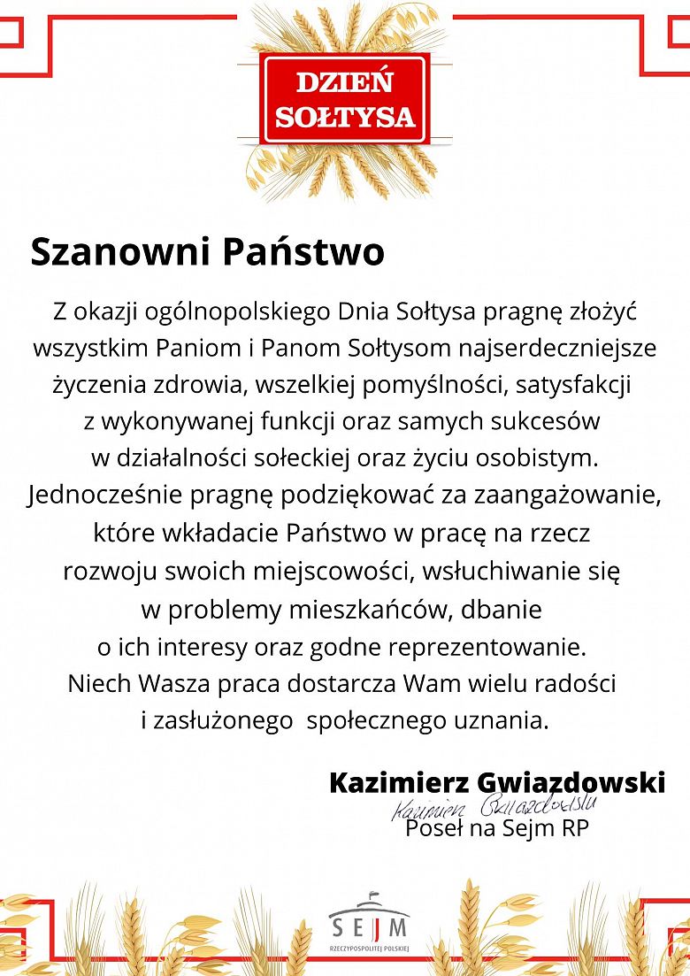 Życzenia Posła Kazimierza Gwiazdowskiego z okazji Dnia Sołtysa