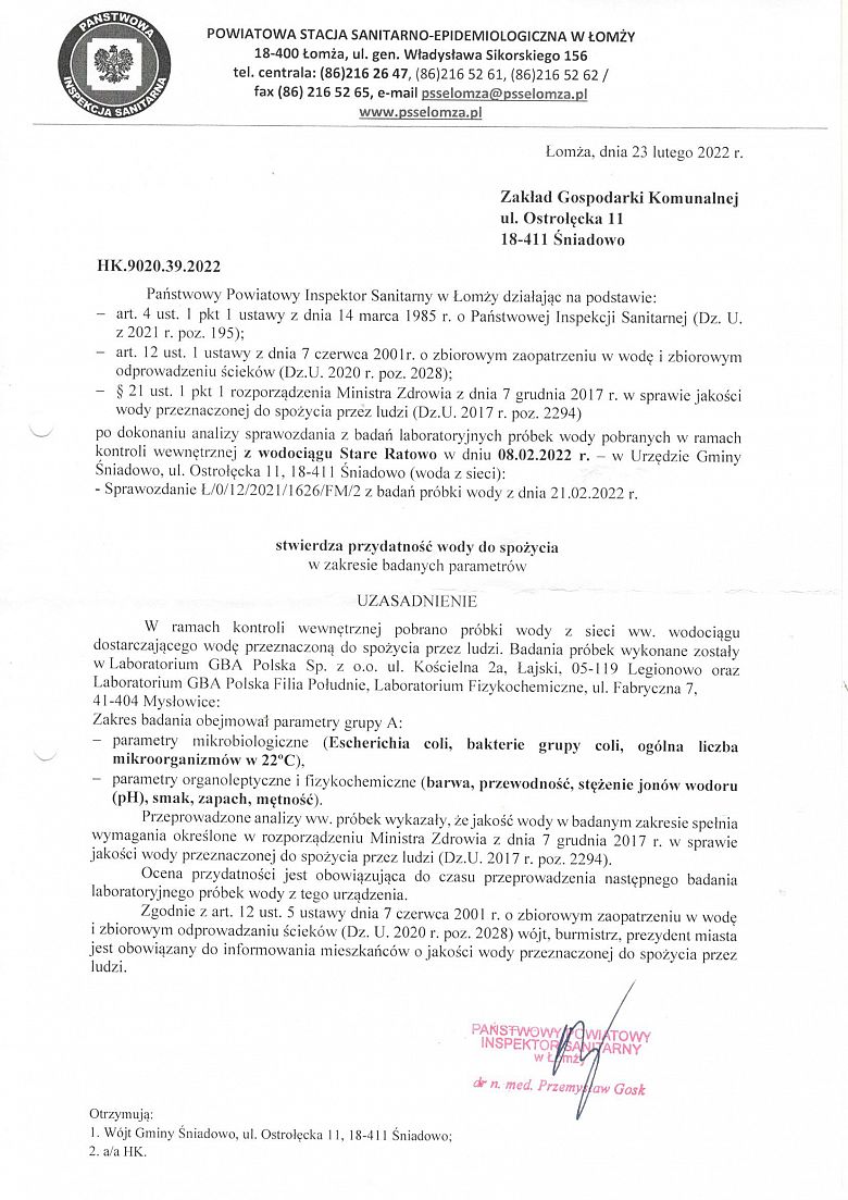 Komunikat w sprawie stwierdzenia przydatności wody do spożycia z ujęcia w Starym Ratowie -23.02.2022