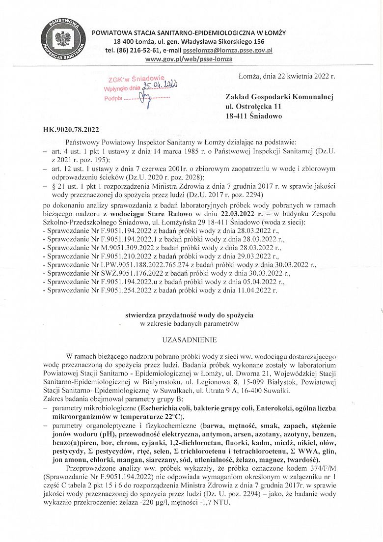Komunikat w sprawie stwierdzenia przydatności wody do spożycia z wodociągu Stare Ratowo -22.04.2022
