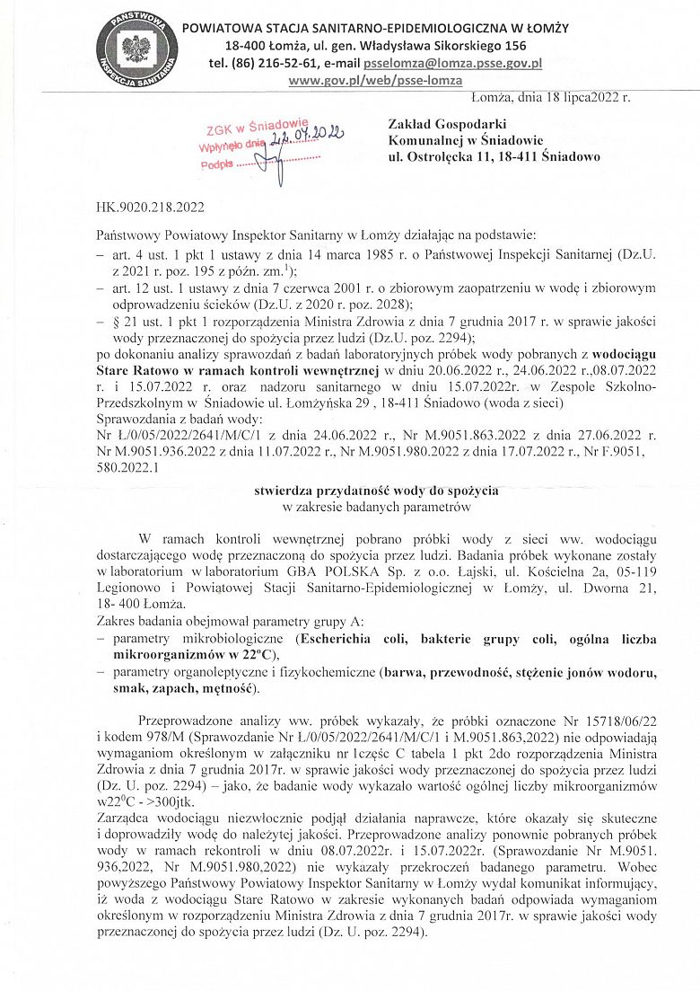 Komunikat w sprawie stwierdzenia przydatności wody z wodociągu Stare Ratowo - 22.07.2022 r.