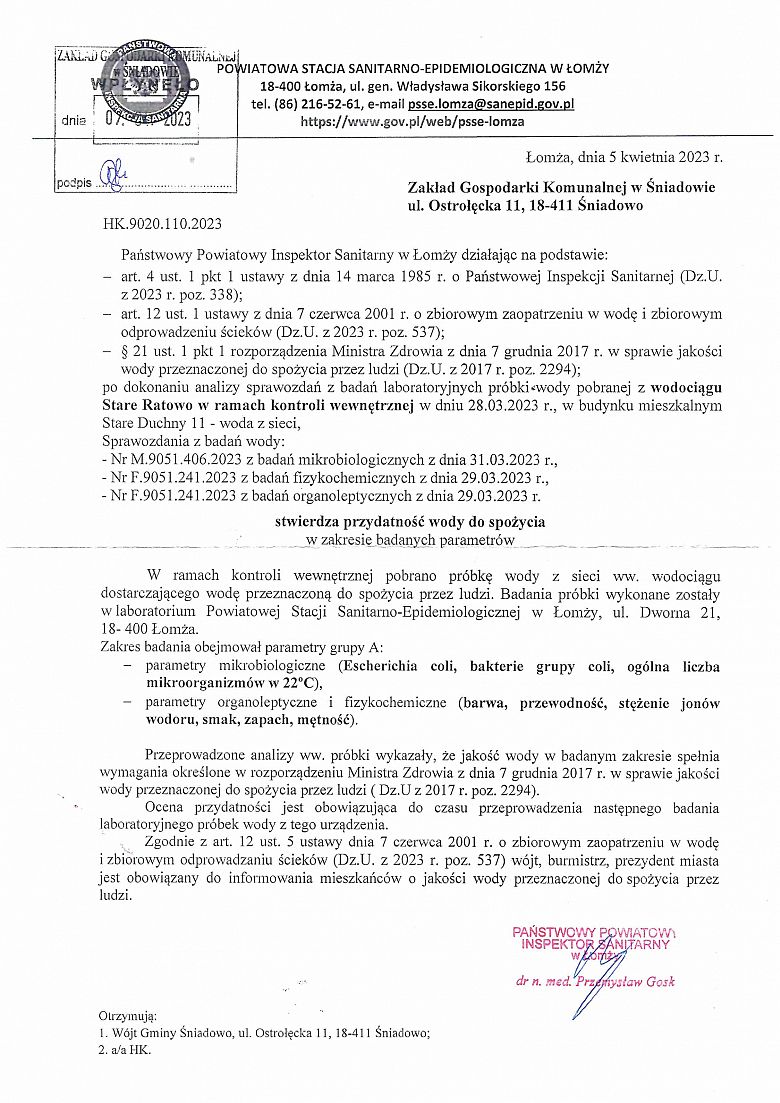 Komunikat w sprawie stwierdzenia przydatności wody z wodociagu Stare Ratowo - 5.04.2023 r.