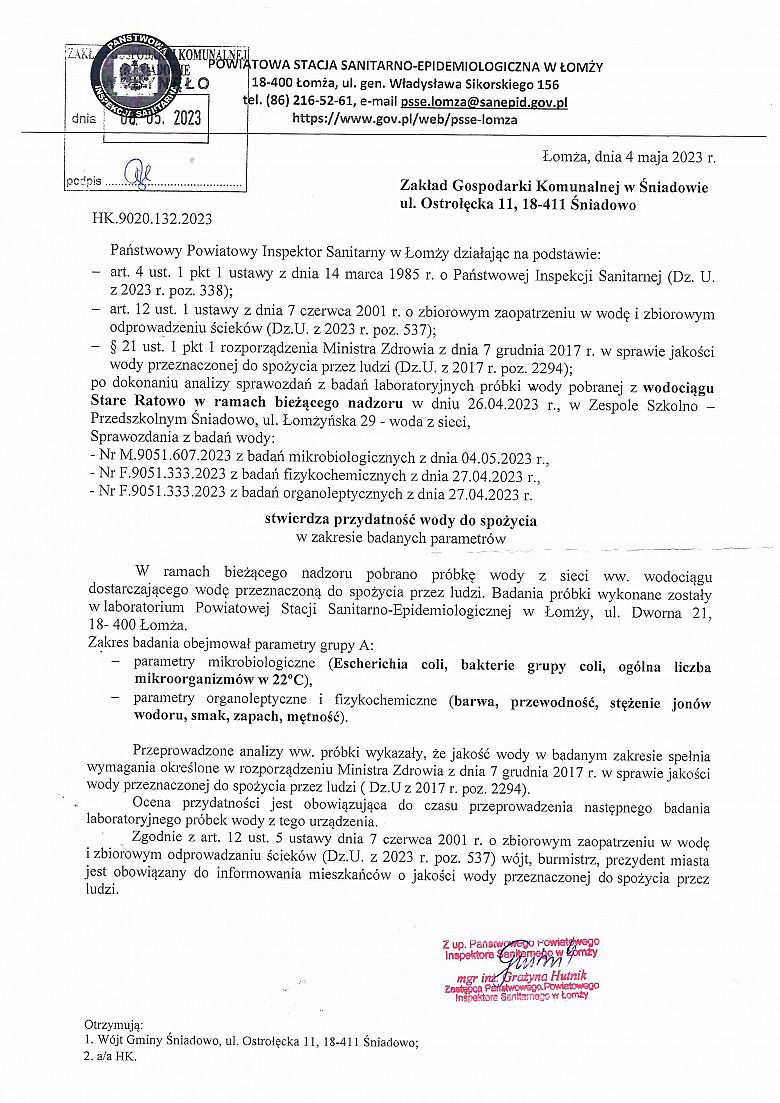 Komunikat w sprawie przydatności wody do spożycia z wodociągu Stare Ratowo z dnia 04.05.2023
