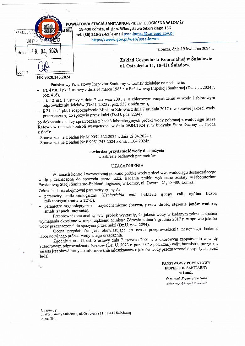 Komunikat w sprawie przydatności wody do spożycia z wodociągu w Starym Ratowie z dnia 19.04.2024 r
